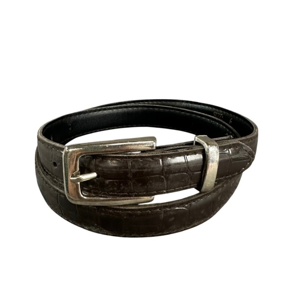 Dark Brown Faux Croc Embossed Belt Silver Tone Buckle Size 6